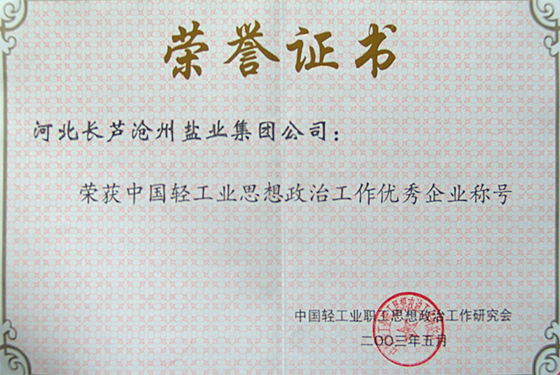 中國輕工業(yè)思想政治工作優(yōu)秀企業(yè)